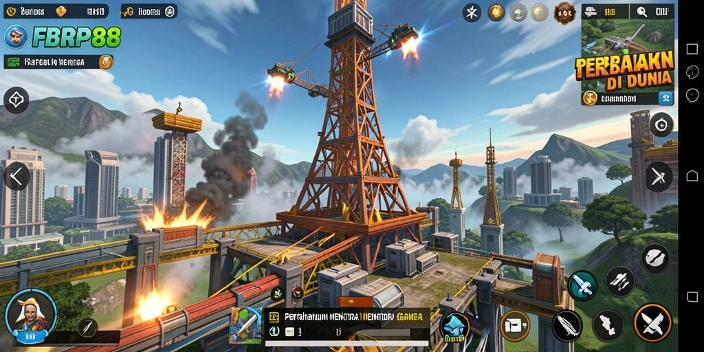 Tampilan gameplay FBRP88 yang menggambarkan pertahanan menara yang strategis.