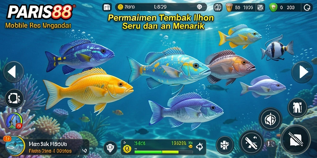 Tampilan gameplay seru dalam PARIS88 dengan aksi Tembak Ikan yang mendebarkan.