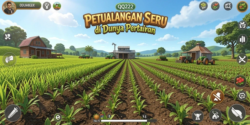 Tangkapan layar gameplay seru QQ222 dalam bertani di ladang hijau.