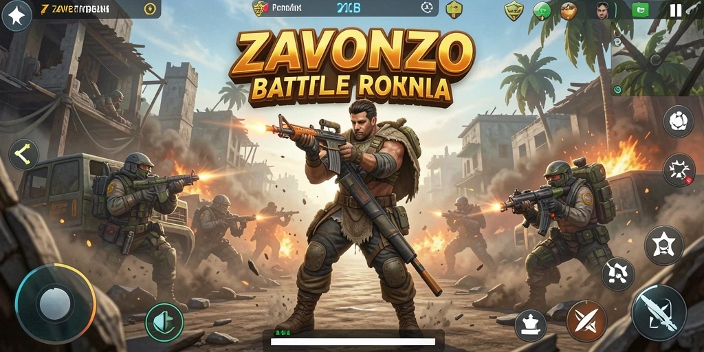 Screenshot ZAVONZO menampilkan aksi seru dalam pertempuran Battle Royale.